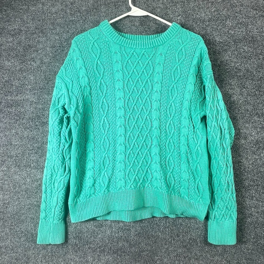 J Crew Sweater Womens Medium Green Blue Cable Knit‎ Cotton Heavyweight Preppy